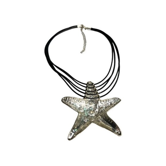 Vintage Pewter and Leather 16" Starfish Necklace Stylized Knobby Sea Star - Picture 3 of 5